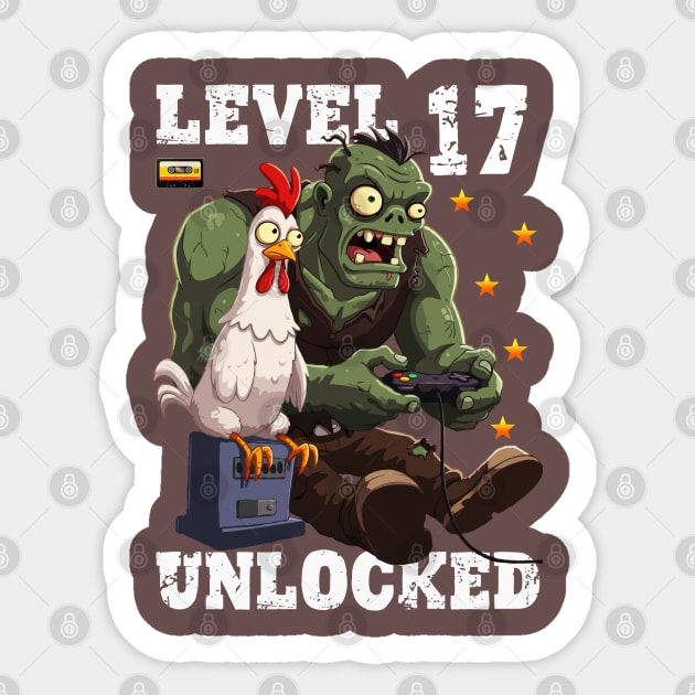 Level 17 Unlocked, Birthday - Zombie And Chicken Sticker by Megadorim